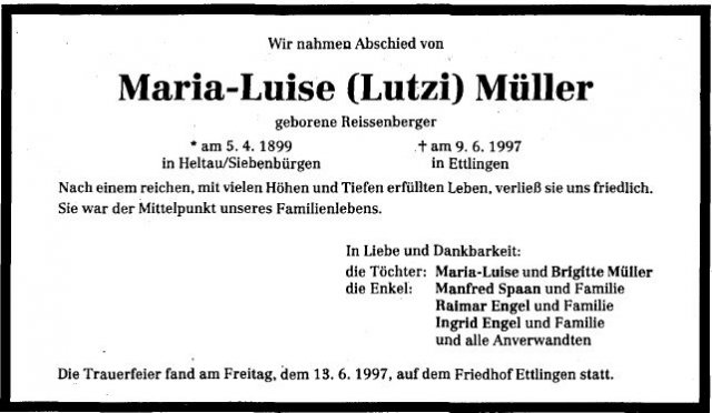 Reissenberger Maria Luise 1899-1997 Todesanzeige